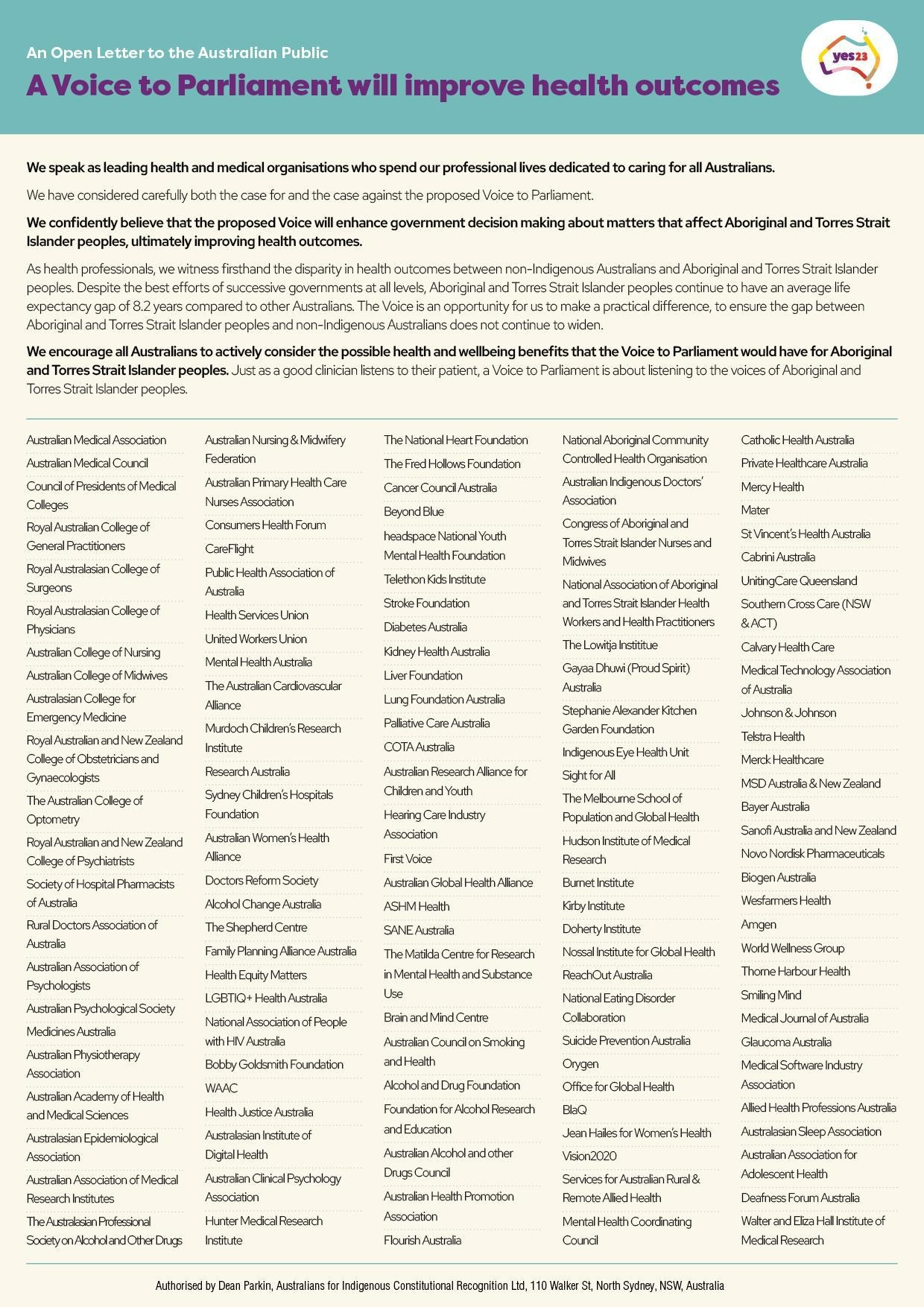 An Open Letter to the Australian Public: A Voice to Parliament will improve health outcomes An Open Letter to the Australian Public: A Voice to Parliament will improve health outcomes